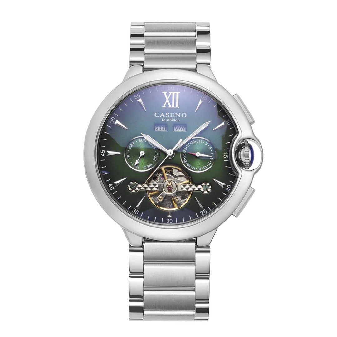 CASENO 新款全自动机械表男表钢带手表陀飞轮表男士腕表