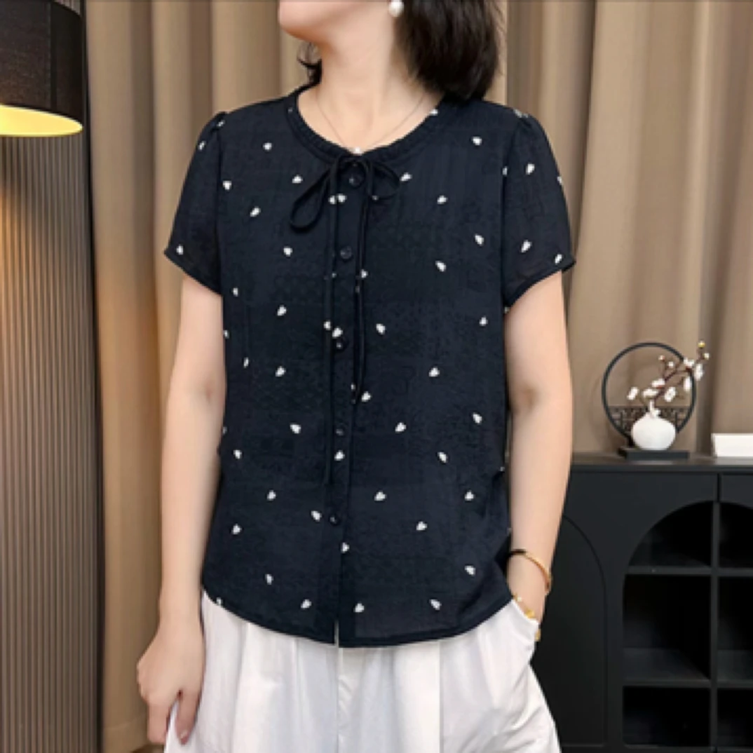 2025夏季洋气百搭减龄显瘦女气质短袖上档次T恤领口系带小爱心