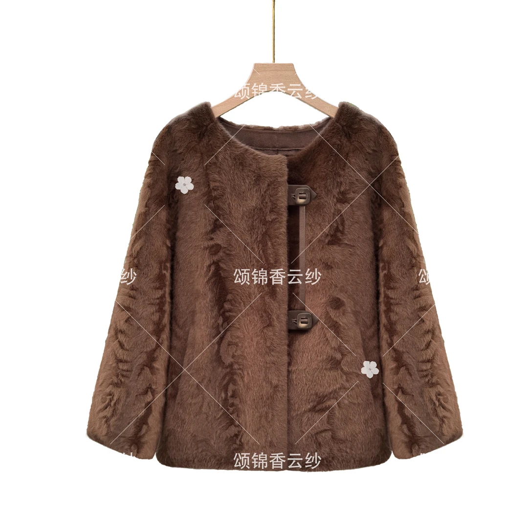 【香】Q3206精品时尚圆领皮扣秋冬毛毛短外套显瘦保暖长袖