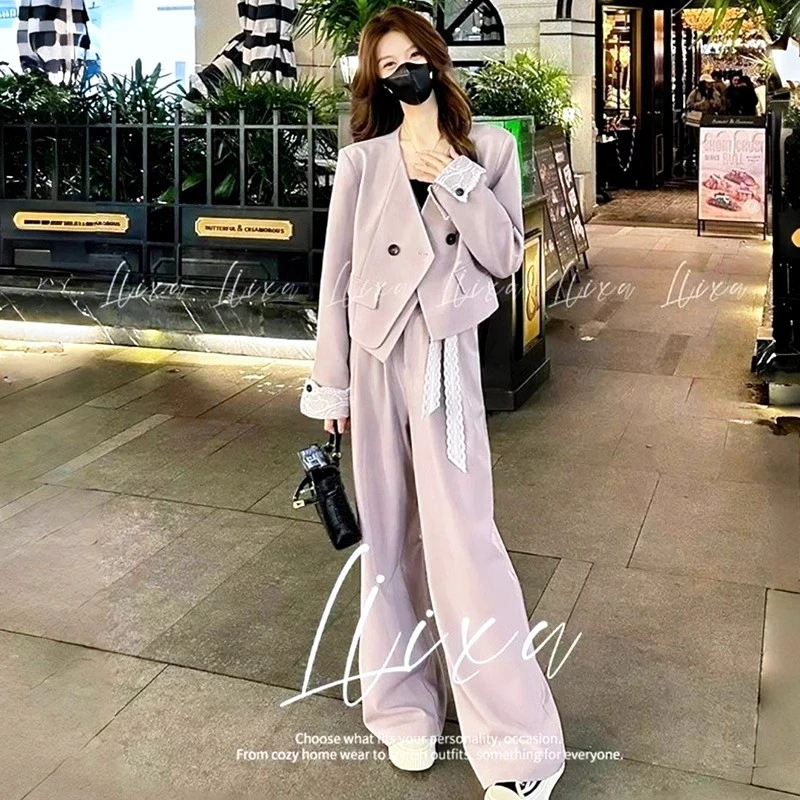 时尚西装套装女春秋韩系穿搭蕾丝拼接西服短外套高腰阔腿裤两件套