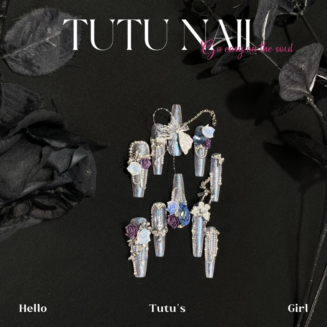 【碎冰蓝】TUTU NAIL手工穿戴美甲偏光显白高级鱼线蝴蝶链条雕花冷