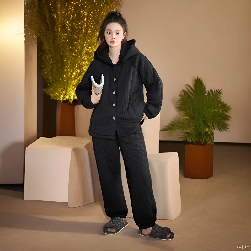 女士秋冬季款黑色三层夹棉加绒加厚休闲宽松保暖睡衣女家居服套装