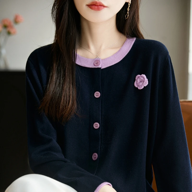 秋季新款 精致小香风 山茶花手工钩花圆领精纺羊毛开衫花朵小香风
