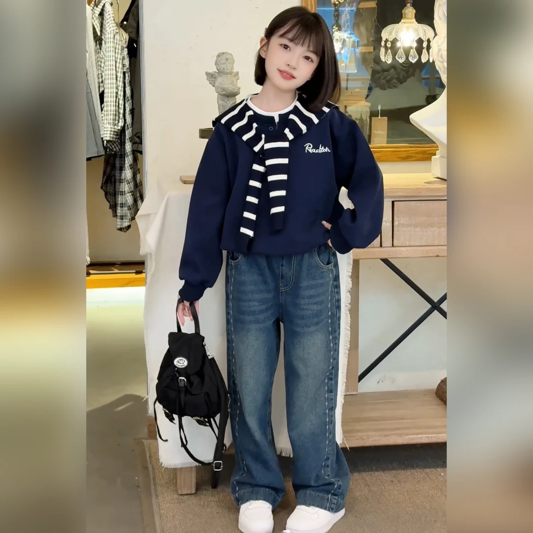 女童春秋披肩卫衣套装2025时髦学院风韩版卫衣牛仔裤两件套