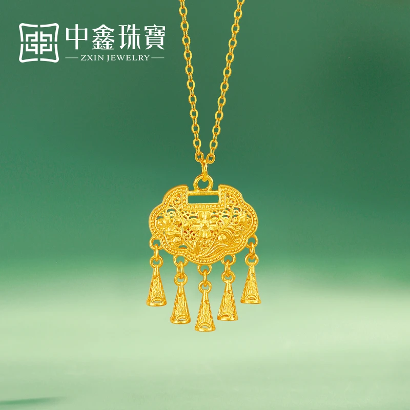 中鑫珠宝璎珞流苏古法黄金项链锁包吊坠足金999首饰新中式送女友