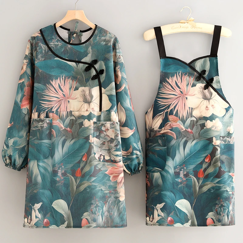 时尚帆布围裙厨房家用罩衣民族风围腰餐饮做饭工作服洋气耐磨长袖