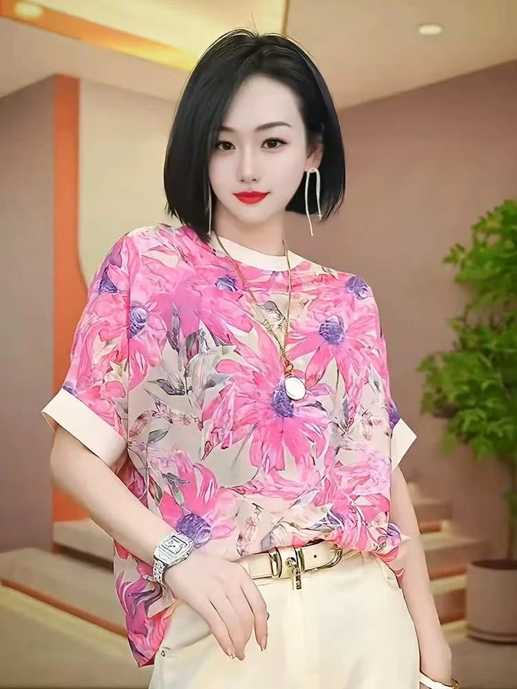 休闲圆领印花短袖t恤女夏2025新款轻奢百搭减龄气质时尚N016