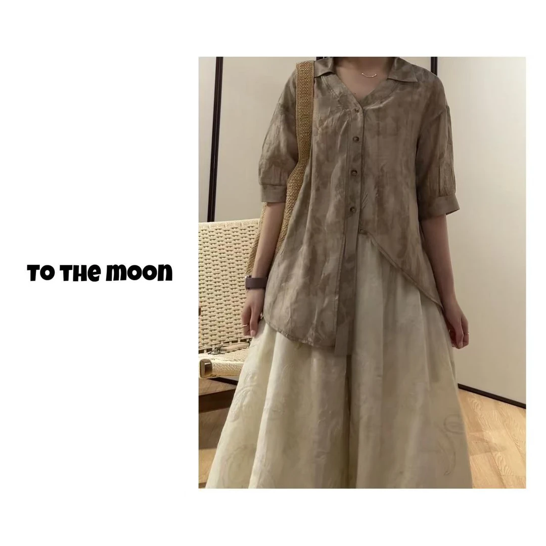 UpSd 原创【懒去淋花等落雨】亚麻v领透气提花显瘦百搭宽松短袖衬衫