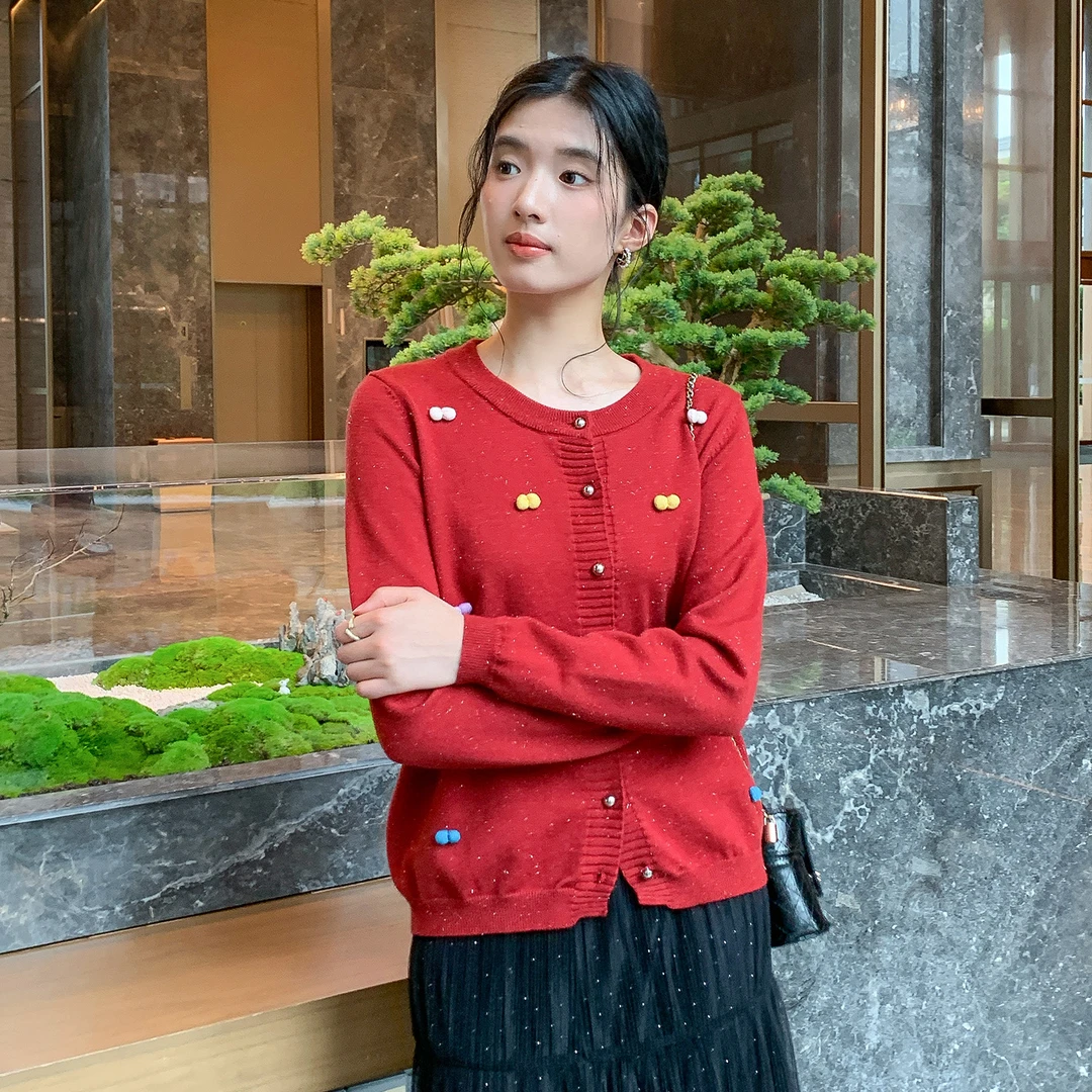 奢姿大码女装2025秋季时尚立体装饰上衣胖妹妹气质减龄长袖针织衫