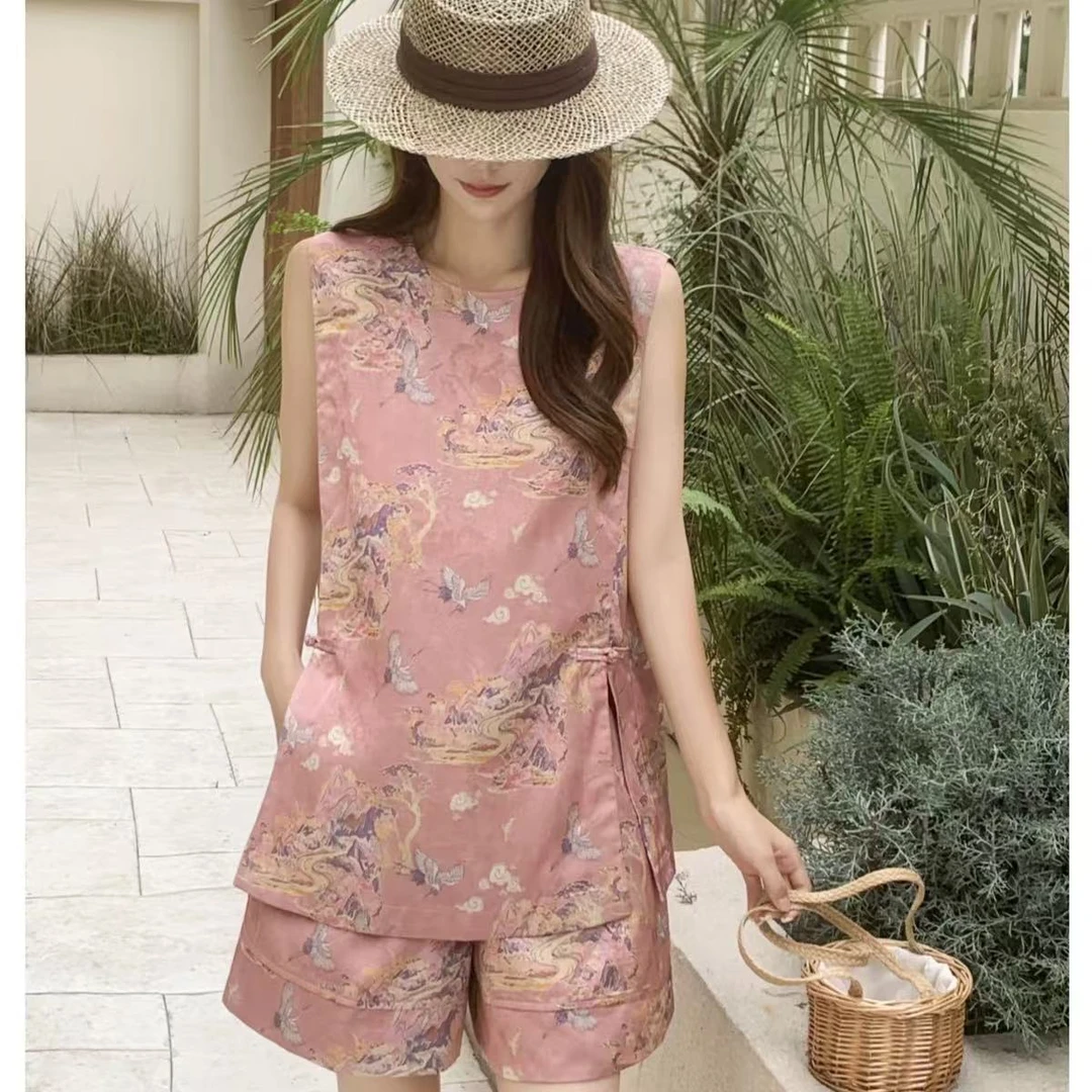 时尚套装碎花民族风短裤背心套装家居服上衣女士休闲夏季复古外穿