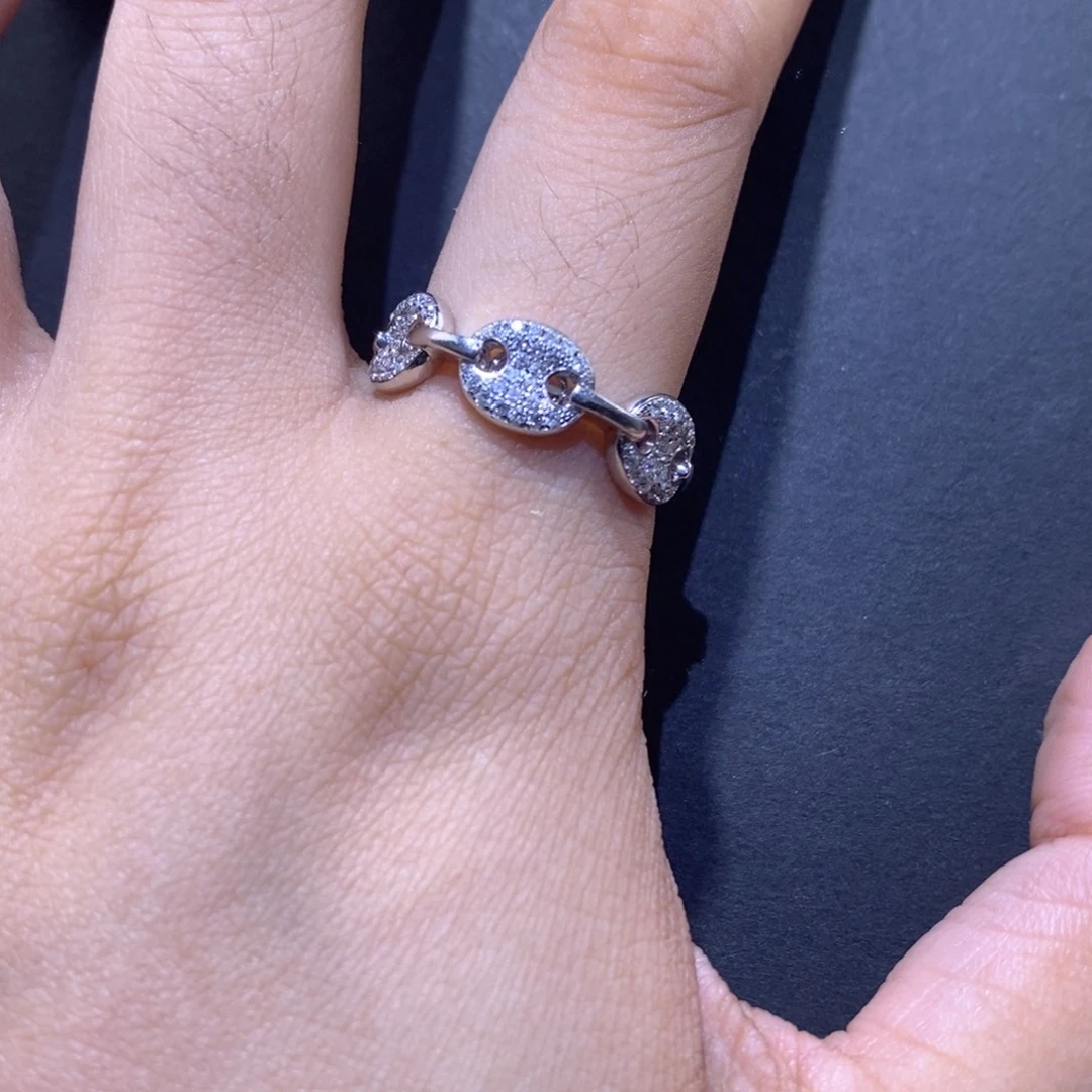 钻石18K金镶嵌戒指/指环k白三个猪鼻子戒指