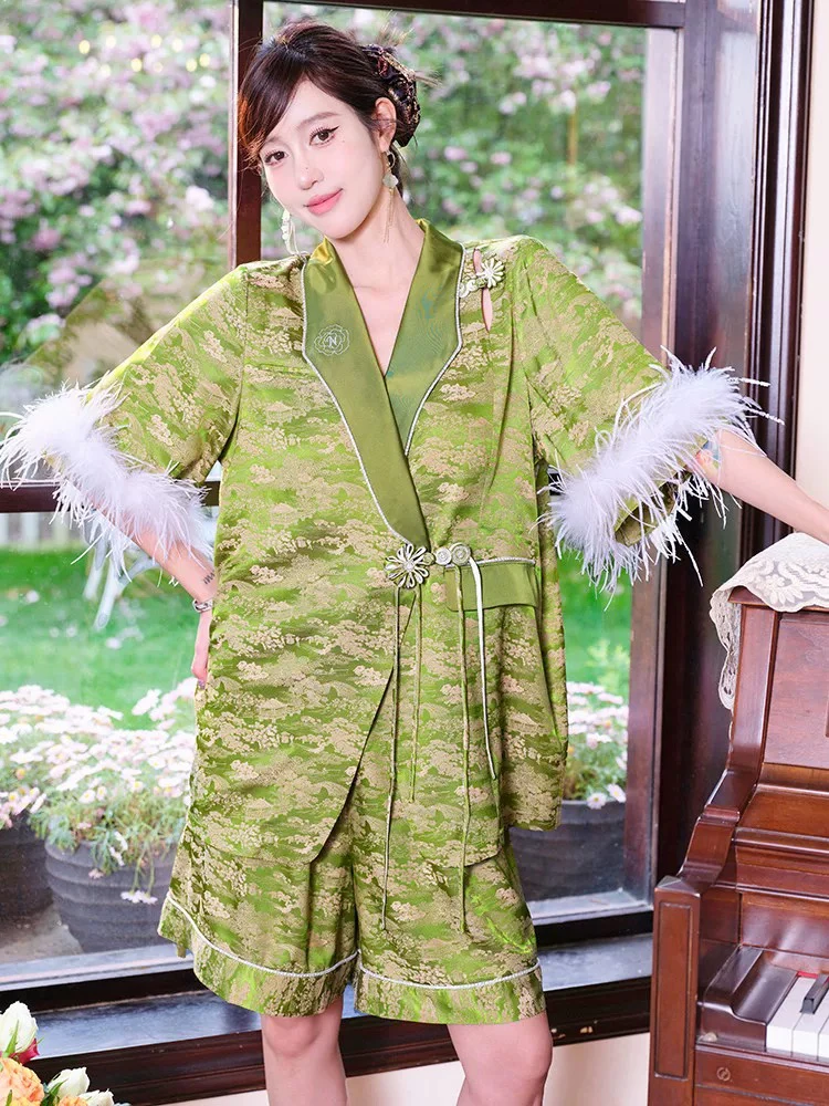 原创新中式睡衣短袖套装可拆卸鸵鸟毛胸垫家居服两件套缎面仿真丝