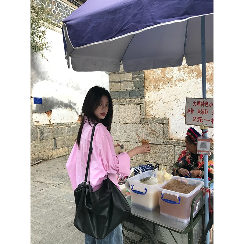 法式高级感粉色衬衫防晒衬衣开衫外套上衣阔腿牛仔裤直筒拖地长裤