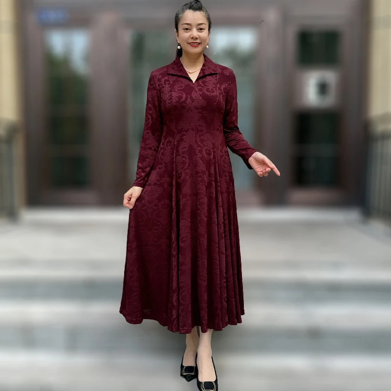 秋季新款翻领气质提花长袖连衣裙中年贵妇人减龄妈妈装显瘦大摆裙