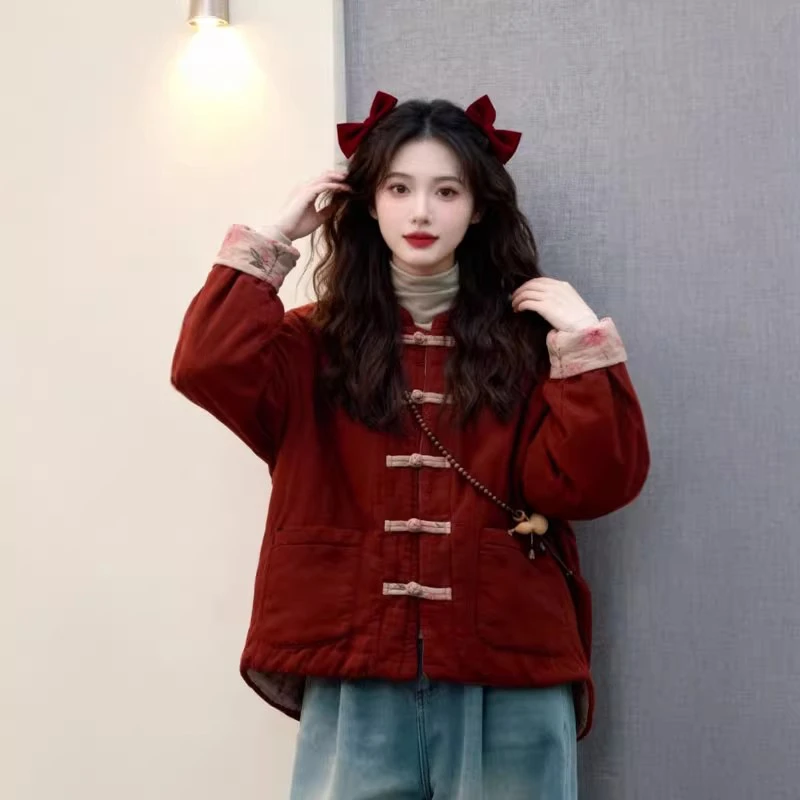 靓雅女【万事如意】新中式印花加厚外套女2026冬季新款盘扣保暖棉衣