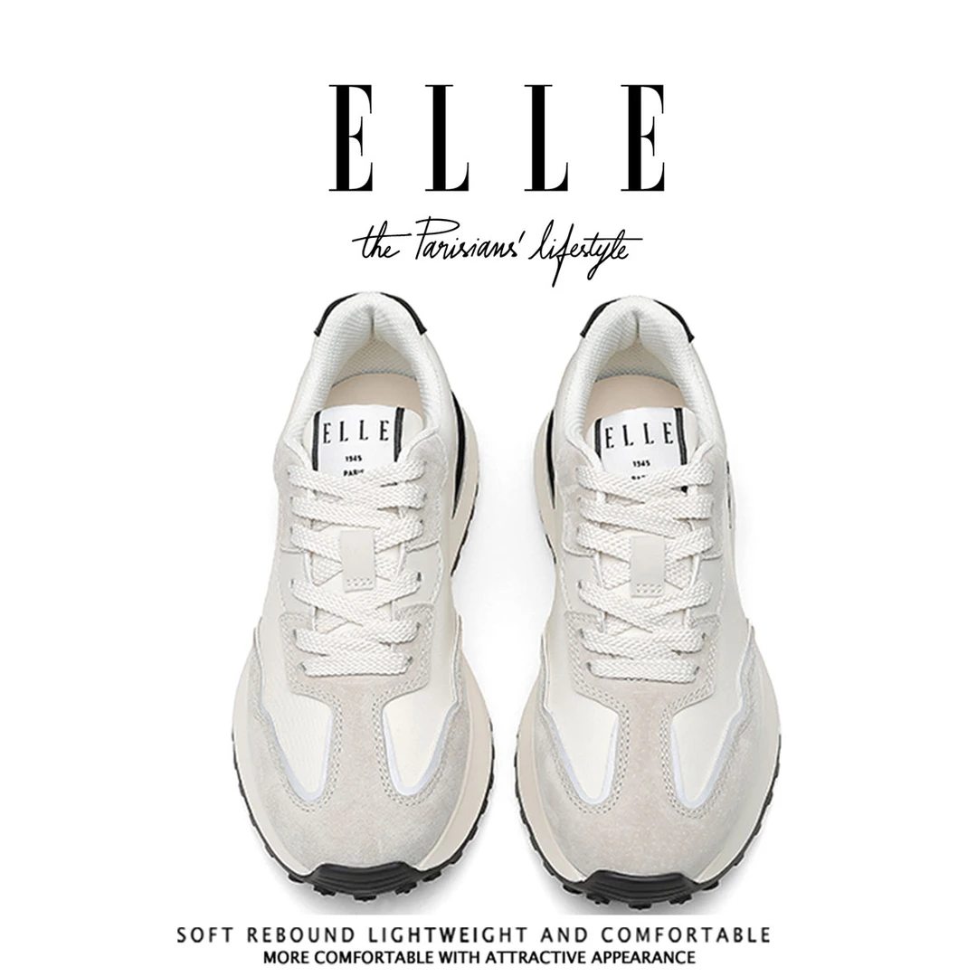 ELLE真皮拼接厚底老爹鞋女显瘦时髦圆头休闲鞋轻便软底华夫阿甘鞋