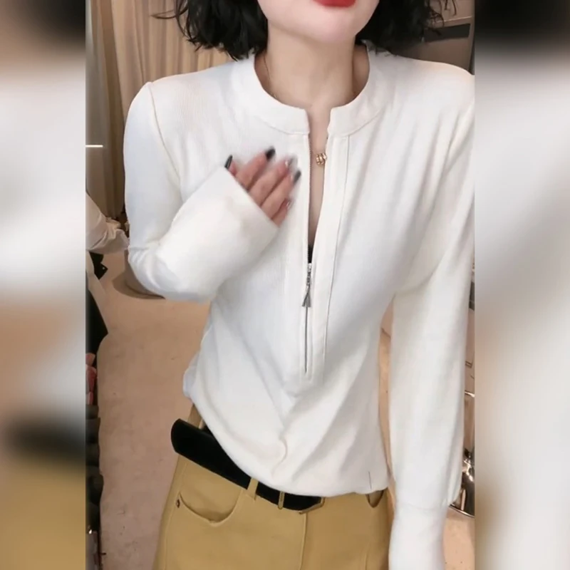 韩系简约百搭修身显瘦纯色半拉链设计T恤2025早秋新款洋气潮流T恤