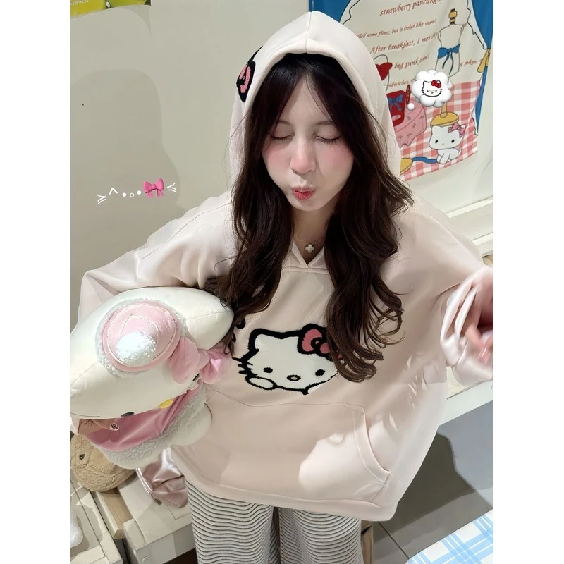 韩版粉色日系宽松刺绣卡通可爱学院风学生连帽kt猫少女百搭卫衣