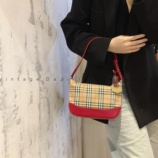 95新 BURBERRY/博柏利 大吉中古/Burberry博柏利格纹拼红金币hobo