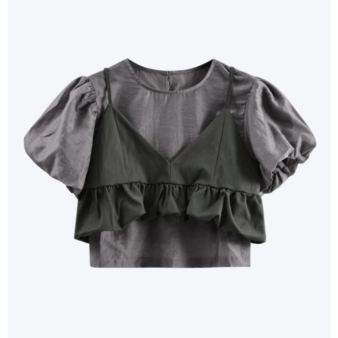 夏季捏褶泡泡袖半开领体恤+三角杯捏褶吊带两件套5221