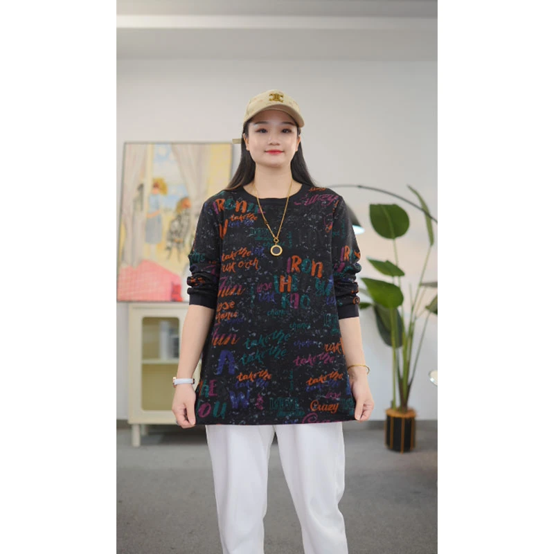 歌帛语大码女装女性宽松型休闲长袖欧美风圆领卫衣上衣显瘦T恤