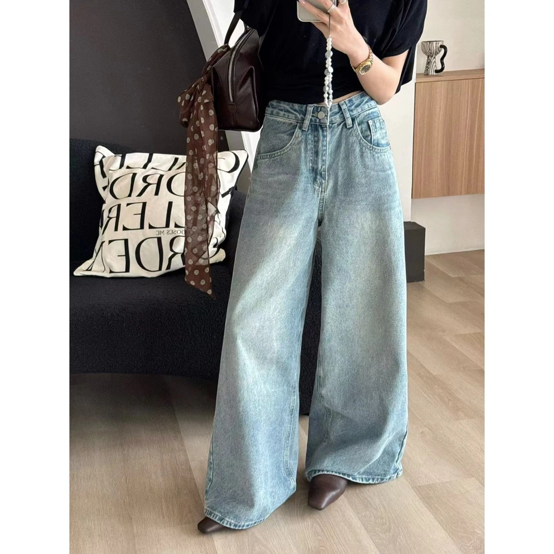 SP时髦慵懒复古牛仔裤女春季高腰宽松直筒裤显瘦阔腿裤长裤拖地裤