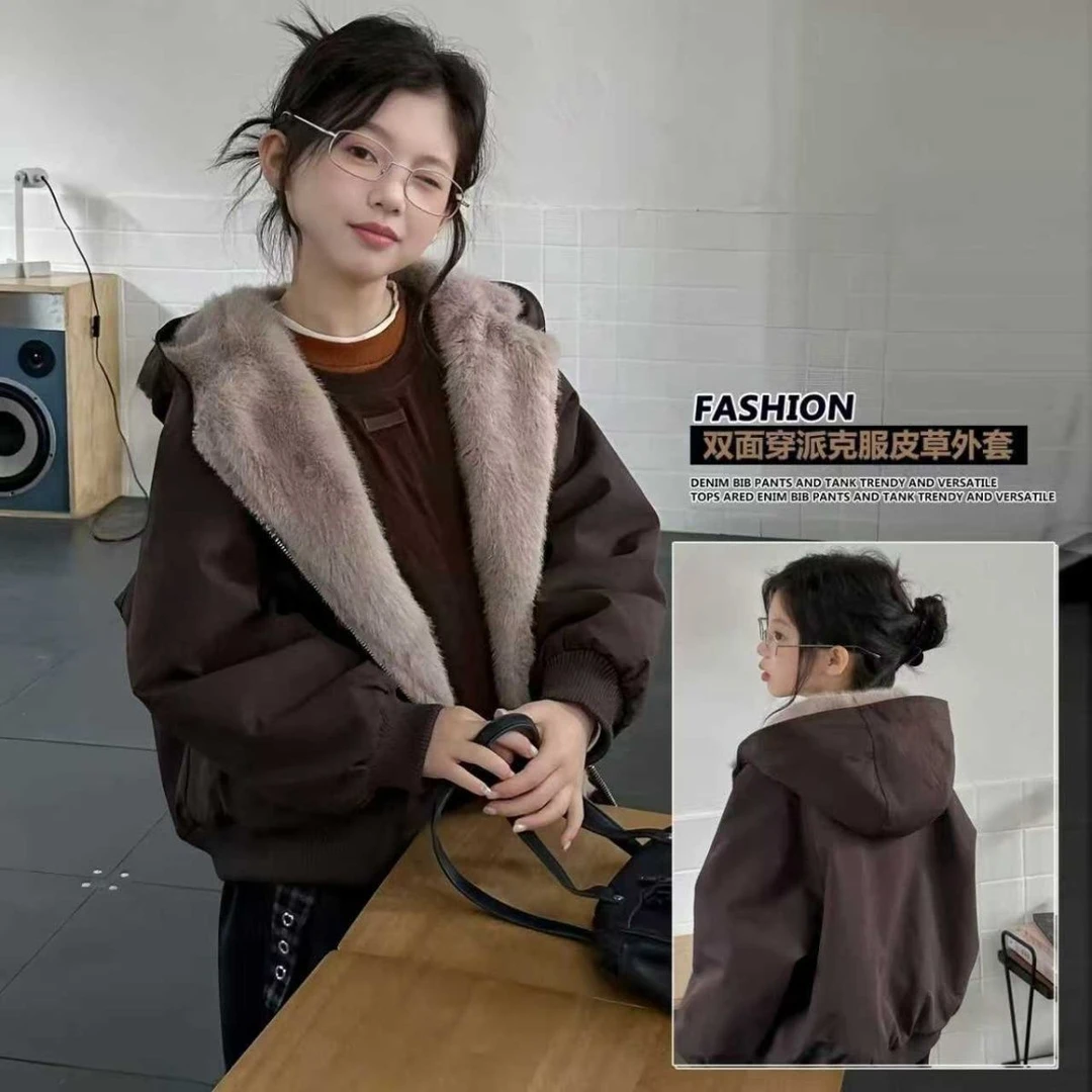 女童双面穿外套冬季2025新款派克棉服宽松加绒加厚儿童毛毛仿皮草