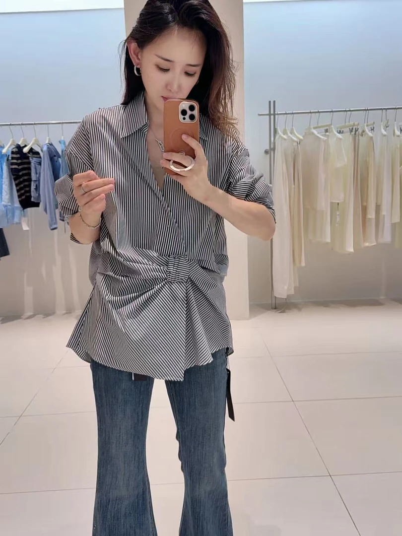 衬衫-25503028秋季扭结V领条纹衬衫