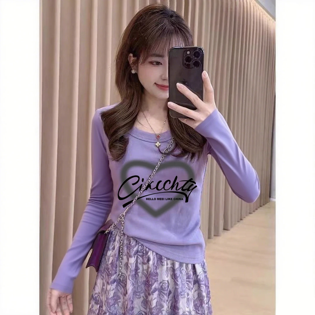 常规款修身少女风T恤女设计感百搭卡通印花长袖减龄休闲小众紫色