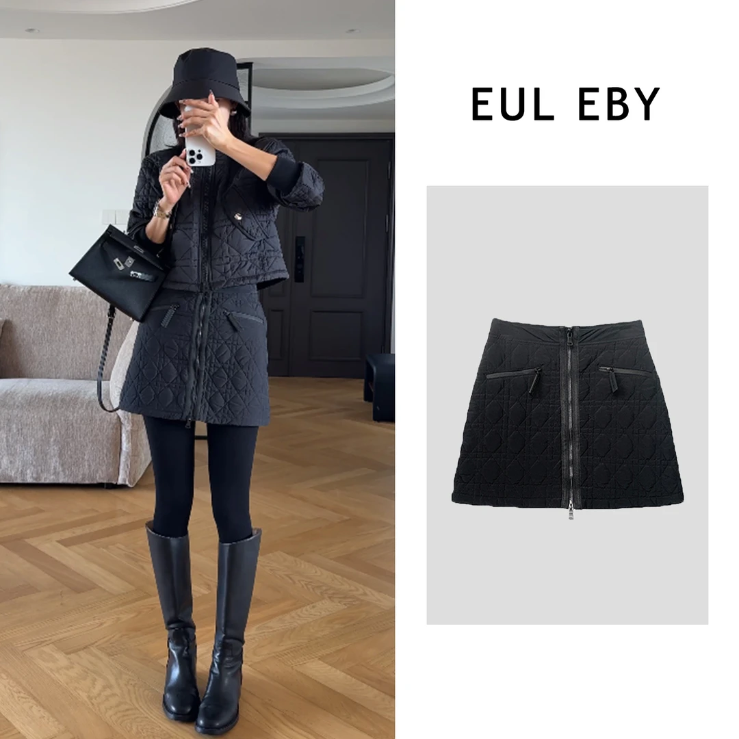 EUL EBY菱格夹棉显瘦短裙秋冬黑色半身裙短裙241706#