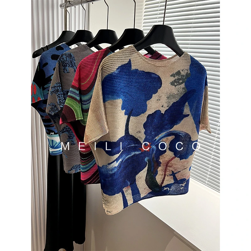 三宅风褶皱高端拼色印花短袖T恤女时尚百搭宽松显瘦上衣春季新款