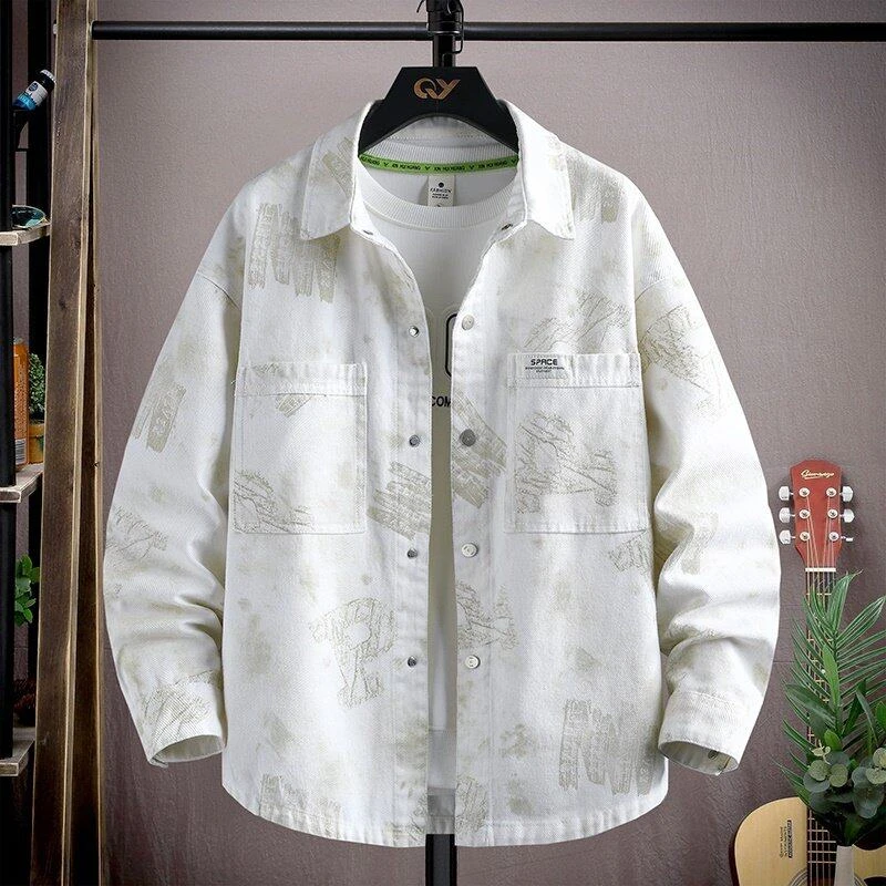 2025春季休闲百搭翻领衬衫夹克男士潮流时尚印花帅气港风外套J501