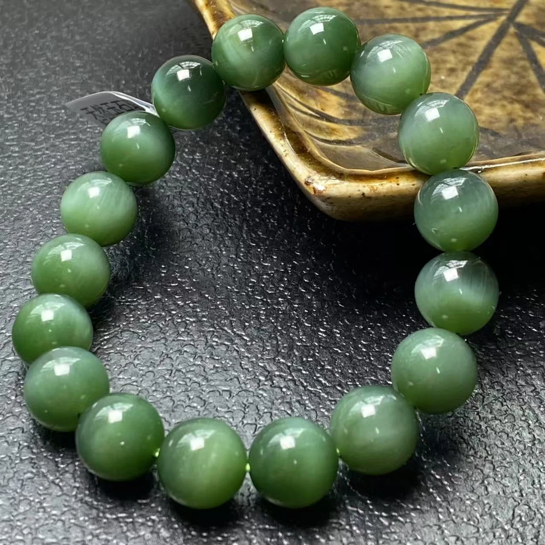 【迈越珠宝3450】天然和田玉碧玉黑猫眼手串微瑕时尚百搭饰品