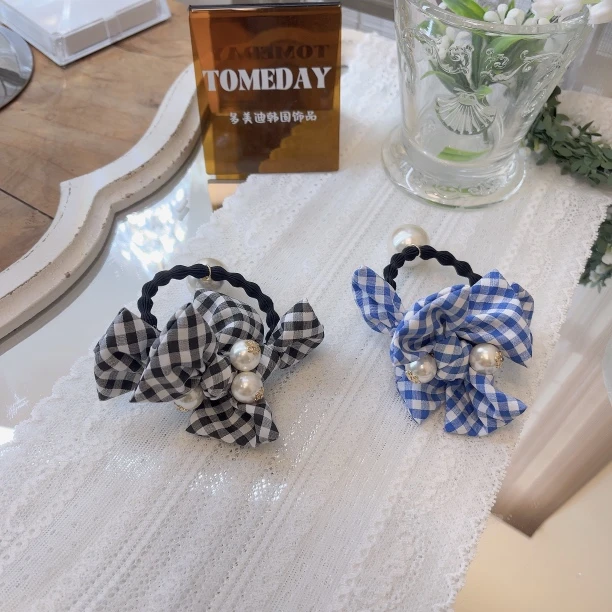 W778韩系设计简约格子条纹扭结蝴蝶结发绳