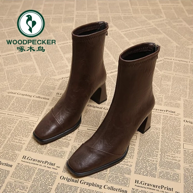 啄木鸟法式高跟靴子女2025新款美拉德瘦瘦靴高级感秋冬短靴小个子