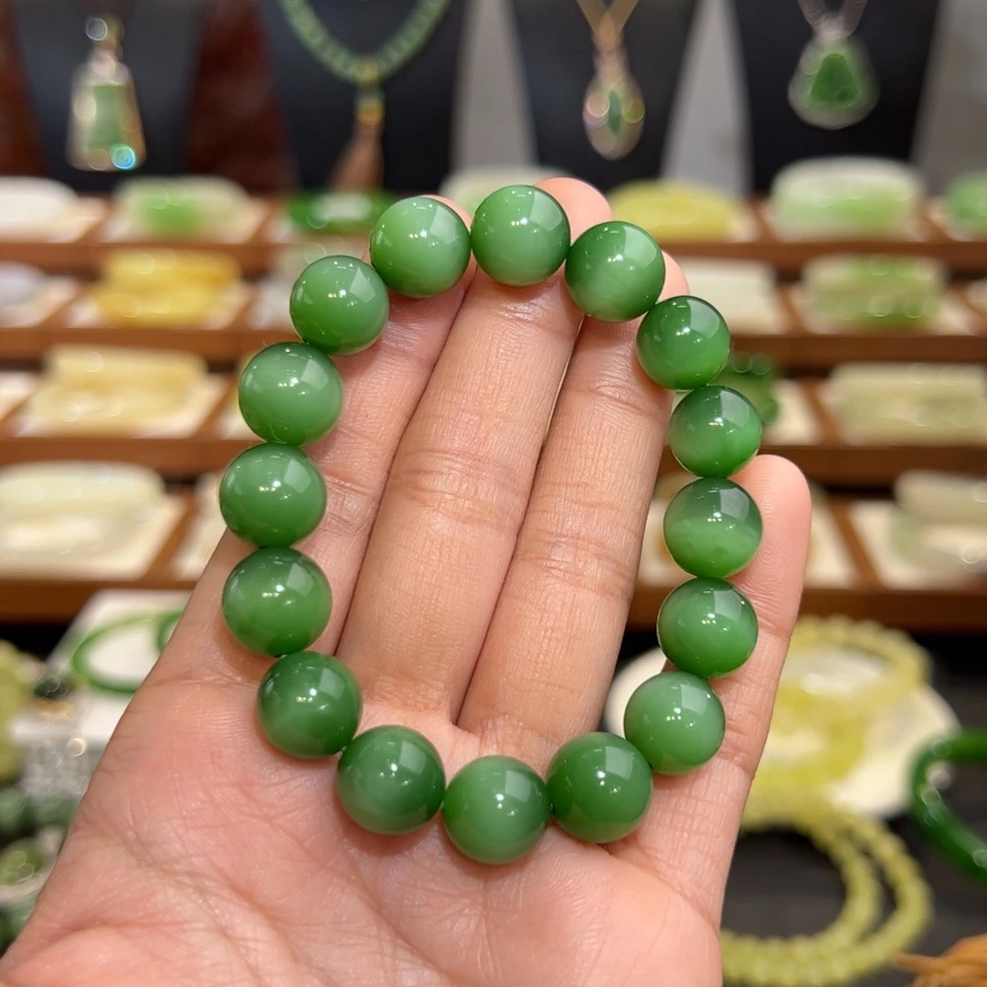 和田玉手串未镶嵌俄碧绿猫眼卡12