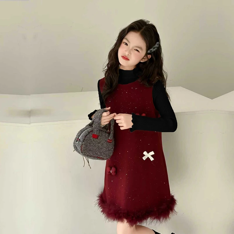 女童超好看连衣裙2025新款儿童冬季红色拜年服儿童小香风裙子套装