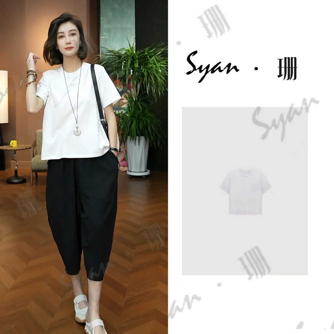 Syan【云雾】时尚钩花镂空拼接清新随性女装潮流百搭休闲T恤