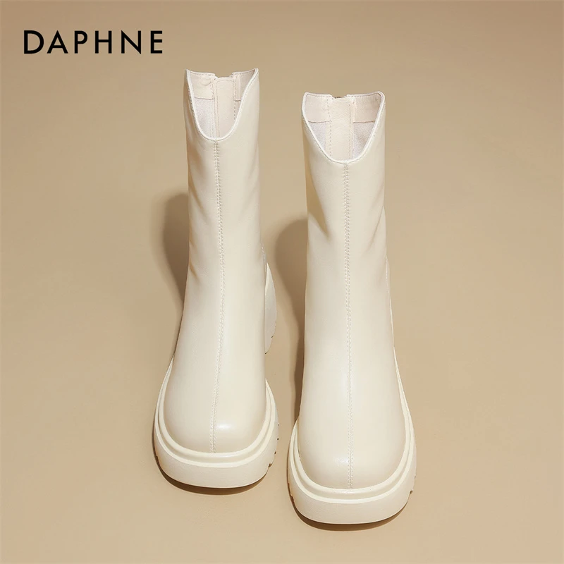 达芙妮Daphne白色马丁靴女粗跟厚底增高7CM单靴时尚V口高跟短靴