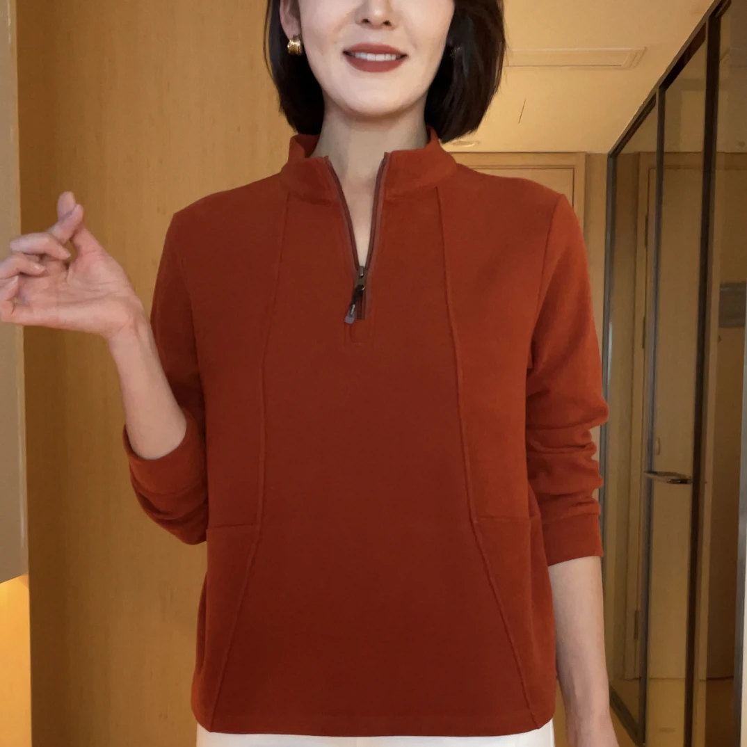 2025秋冬新款半拉链立领纯色宽松显瘦保暖百搭休闲时尚妈妈打底衫