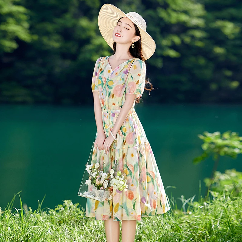 气质小个子碎花连衣裙女夏季2025新款高端棉麻风显瘦裙子薄款