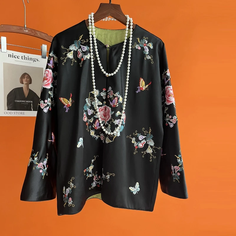 新中式缎面醋酸刺绣外套女春秋新品国潮复古宽松唐装圆领开衫上衣