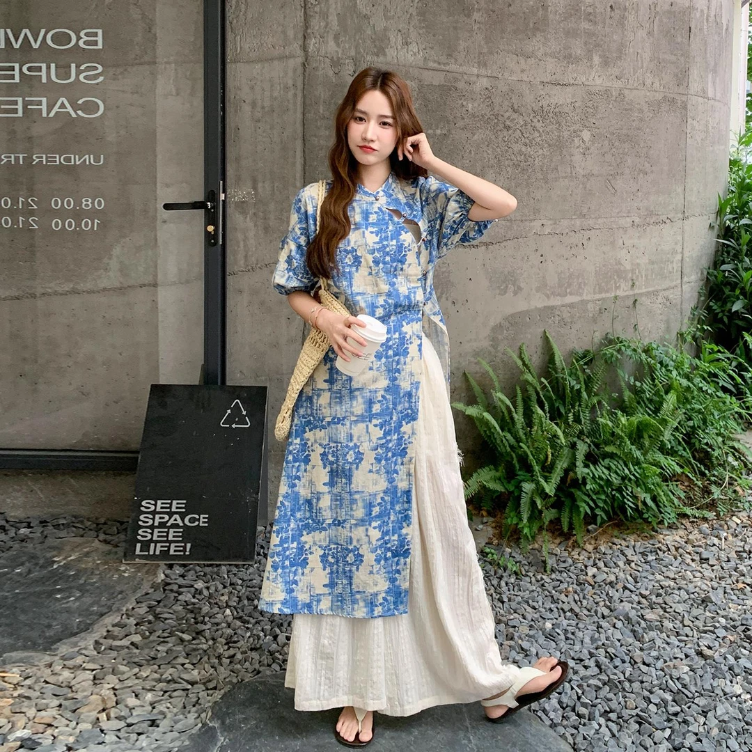 新中式国风印花连衣裙套装女2025夏季爆款松弛感休闲阔腿裤两件套