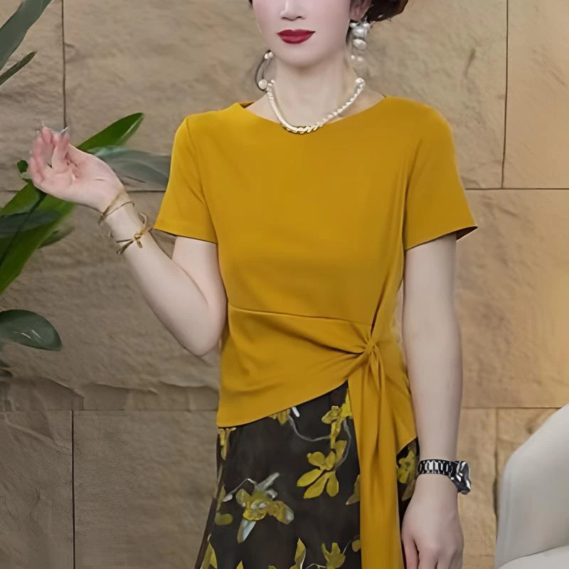 【歌莱图】2025夏季新款修身不规则圆领短袖T恤立体百搭上衣#5305