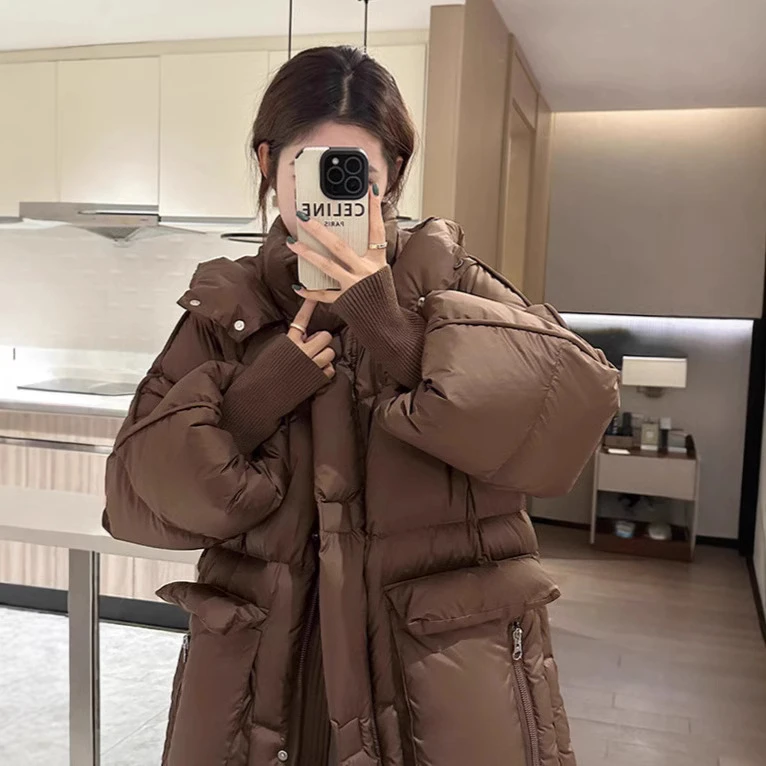 安可拉红鹅绒服女长款加厚美拉德高级感泡芙极寒羽绒服被子外套冬