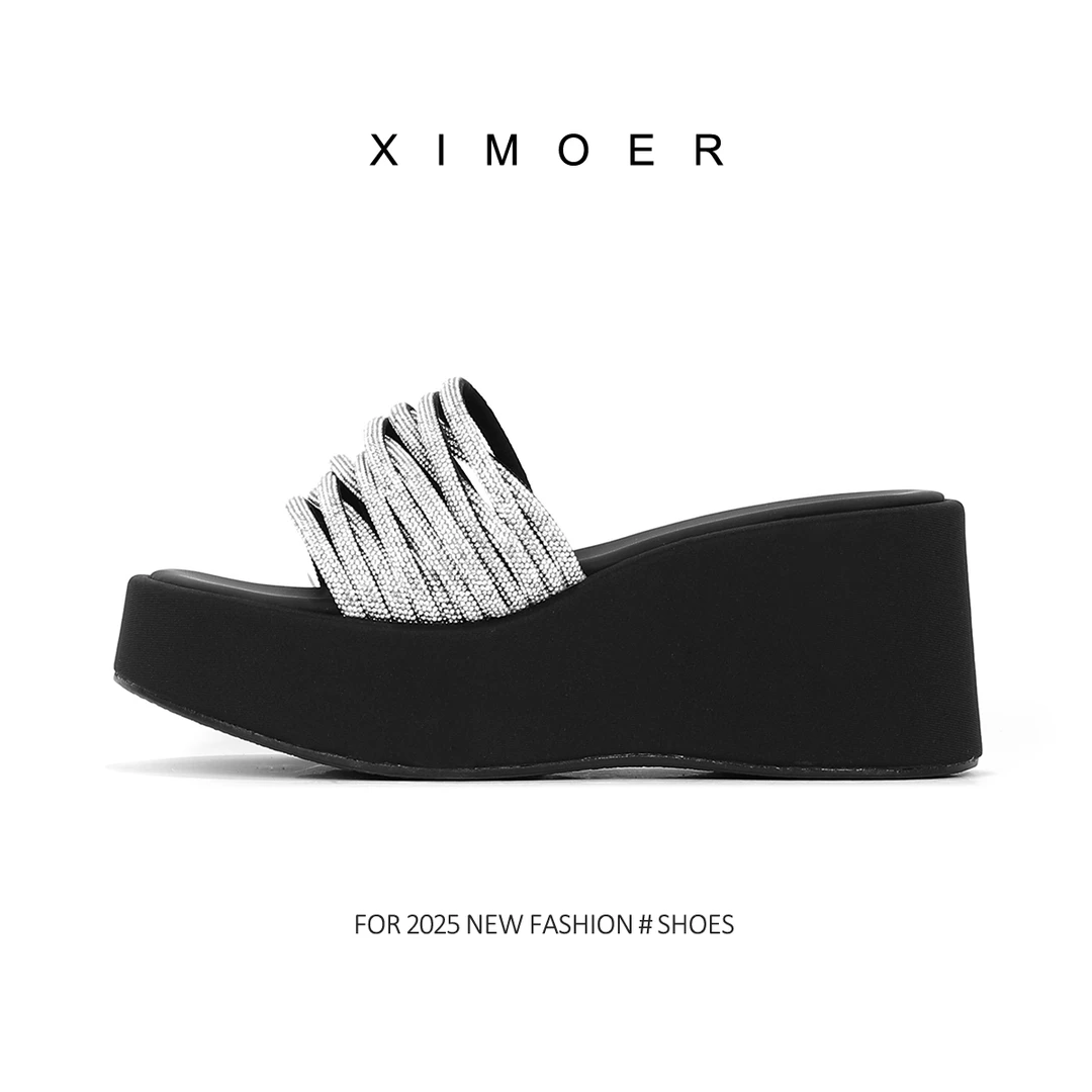 【XIMOER】「大王星粼」新款满钻轻奢跟增高欧美风高跟女拖鞋4272-01