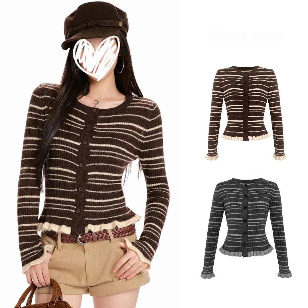 新款美式复古设计感木耳边拼接长袖条纹针织开衫