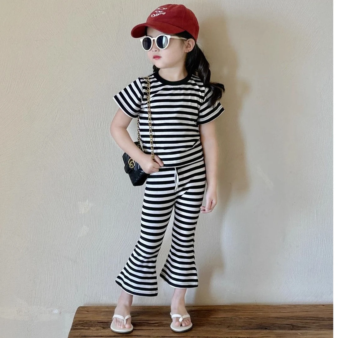 夏季女童短袖套装2025新款韩版洋气儿童条纹半袖上衣喇叭裤小童