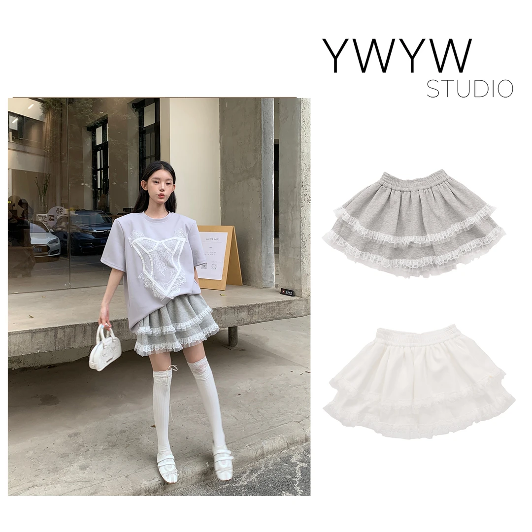 【YWYW25S/S】春夏温柔风双层网纱蕾丝修身包边蛋糕裙短裙3772
