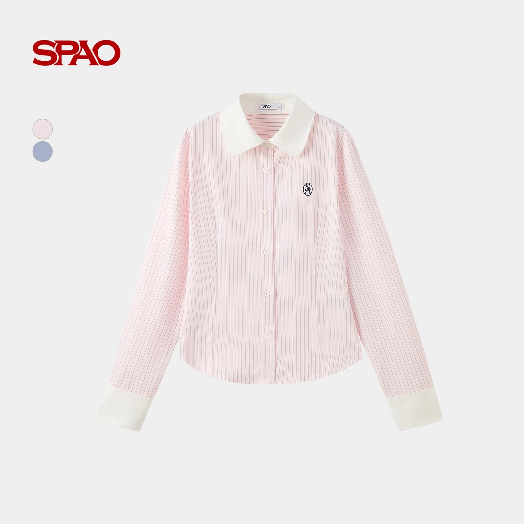 SPAO韩国同款25秋新品SA刺绣女士正肩拼色领条纹衬衫SPYWF89G52